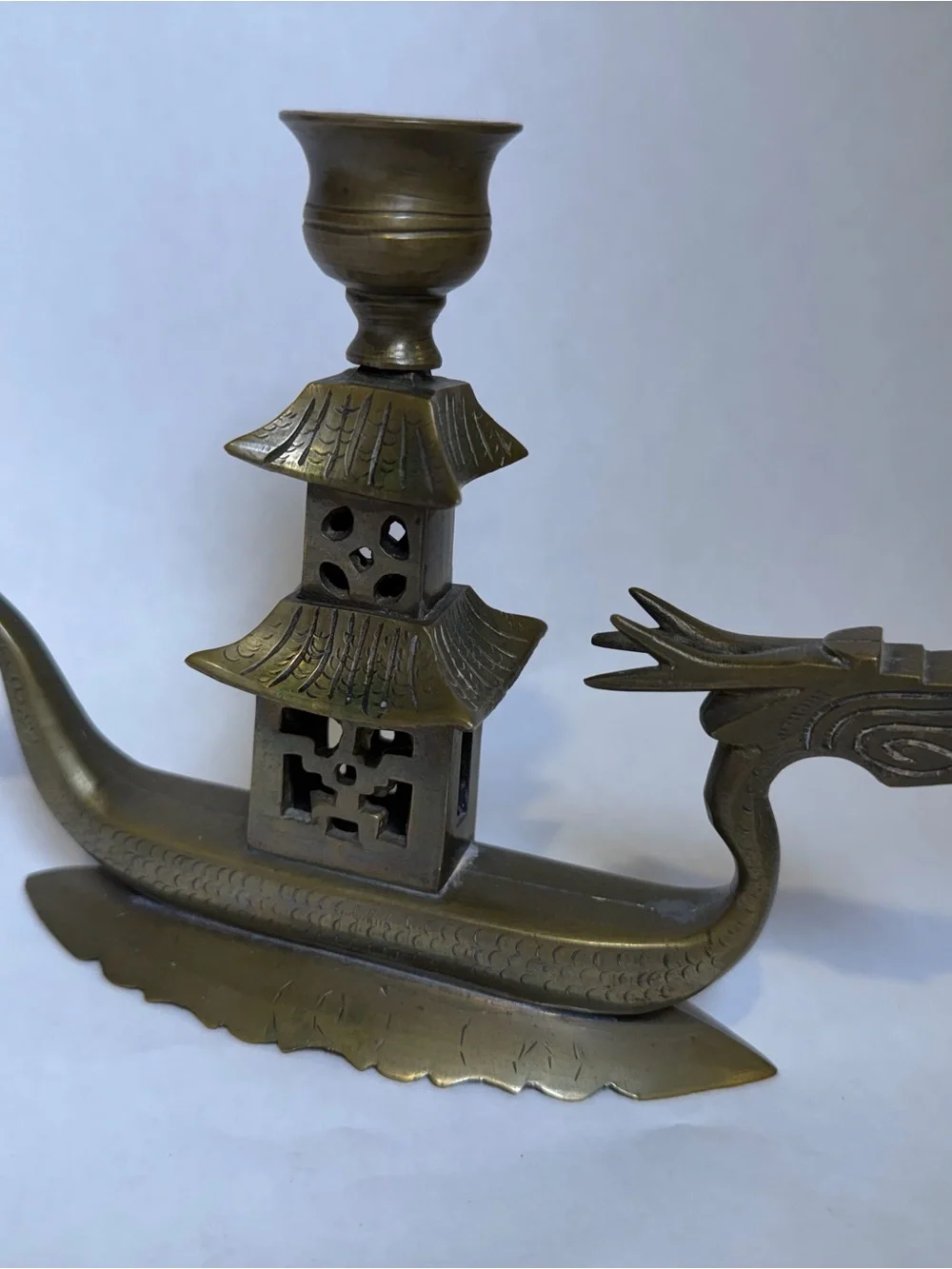 Vintage Brass Dragon Boat Pagoda Candle Holder Asian Dragon Candlestick Decor
